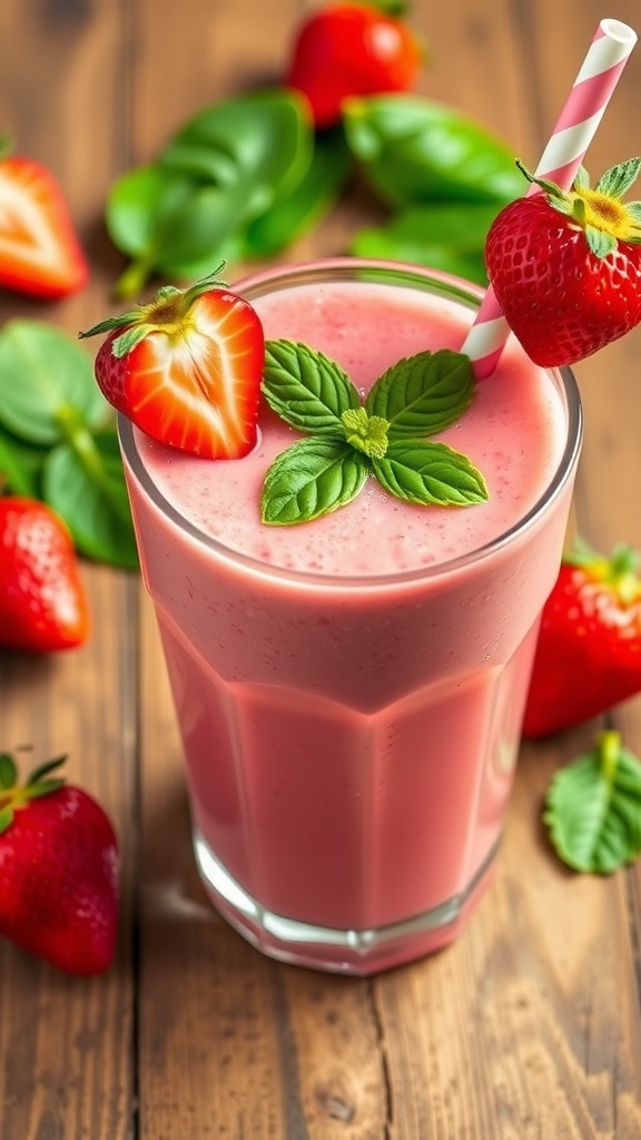 A refreshing Strawberry Spinach Power Smoothie in a glass, garnished with a strawberry and mint, on a wooden table.